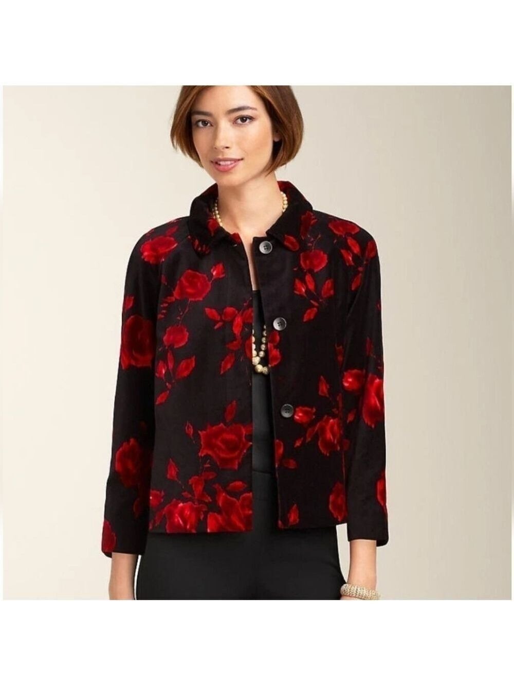 Talbots Black and Red Rose Print Velvet Jacket, Size 8P